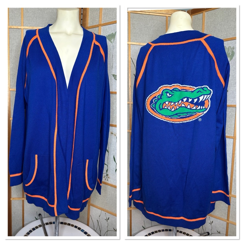 Blue and Orange Gator cardigan cozy warm sweater with large Gator logo on back!